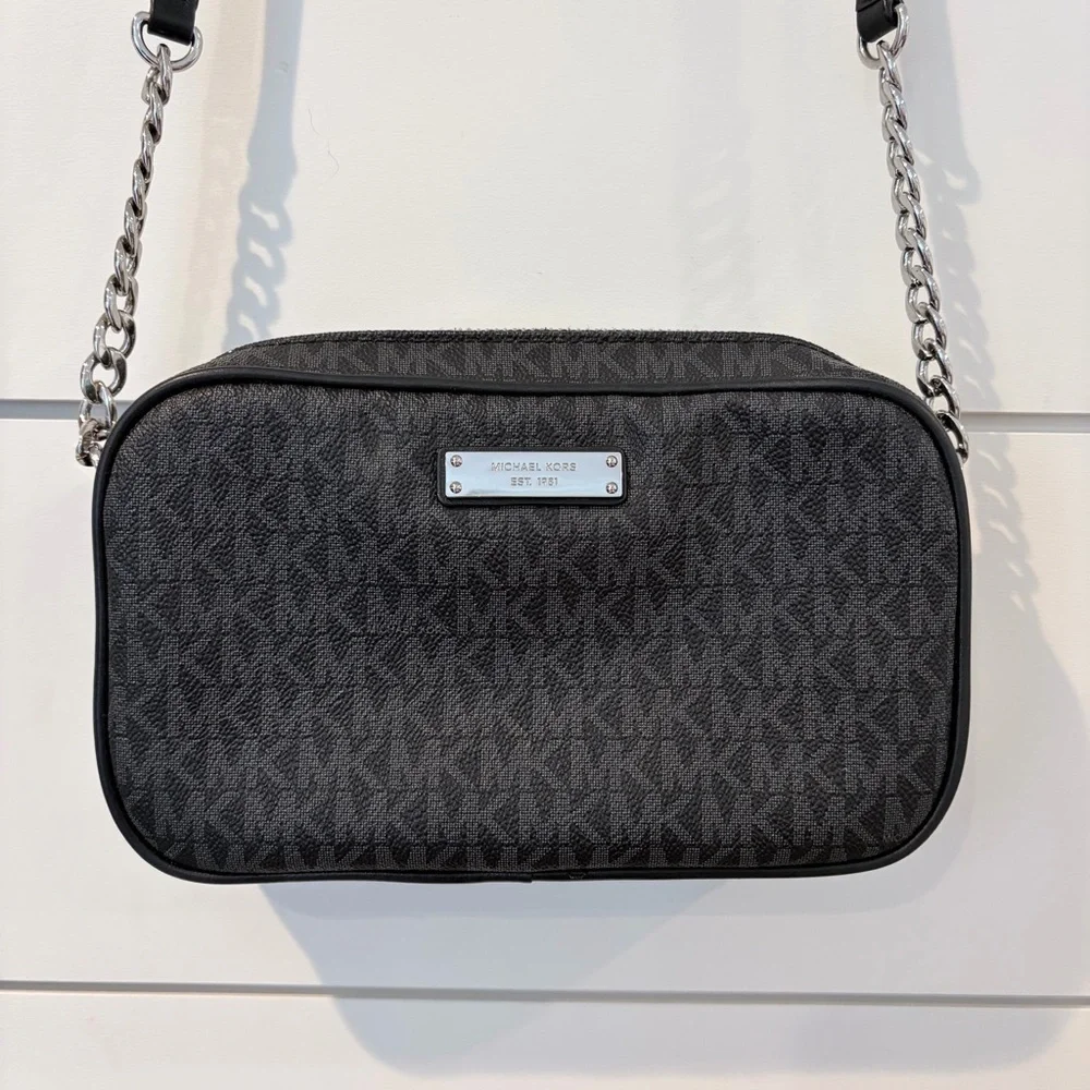 Michael Kors Charcoal Logo Classic Crossbody Bag with Chic Infinity Scarf